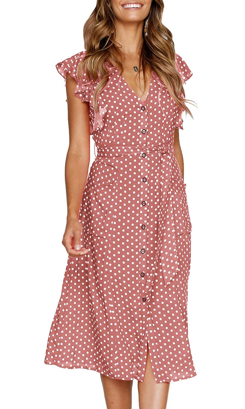 MITILLY Women's Boho Polka Dot Flutter Short Sleeve V Neck Button Down Swing Midi Dress with Pockets X-Large Pink - Image 1